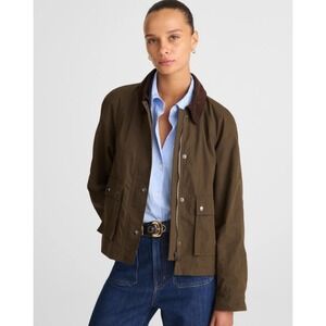 J Crew Jacket Womens Small Waxed Zip Front Green Corduroy Collar Relaxed NW759